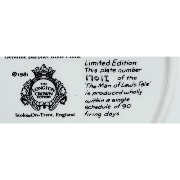 Longton Crown Pottery “The Man of Laws Tale” Collectors Plate – Genuine Baronet - Picture 4 of 13
